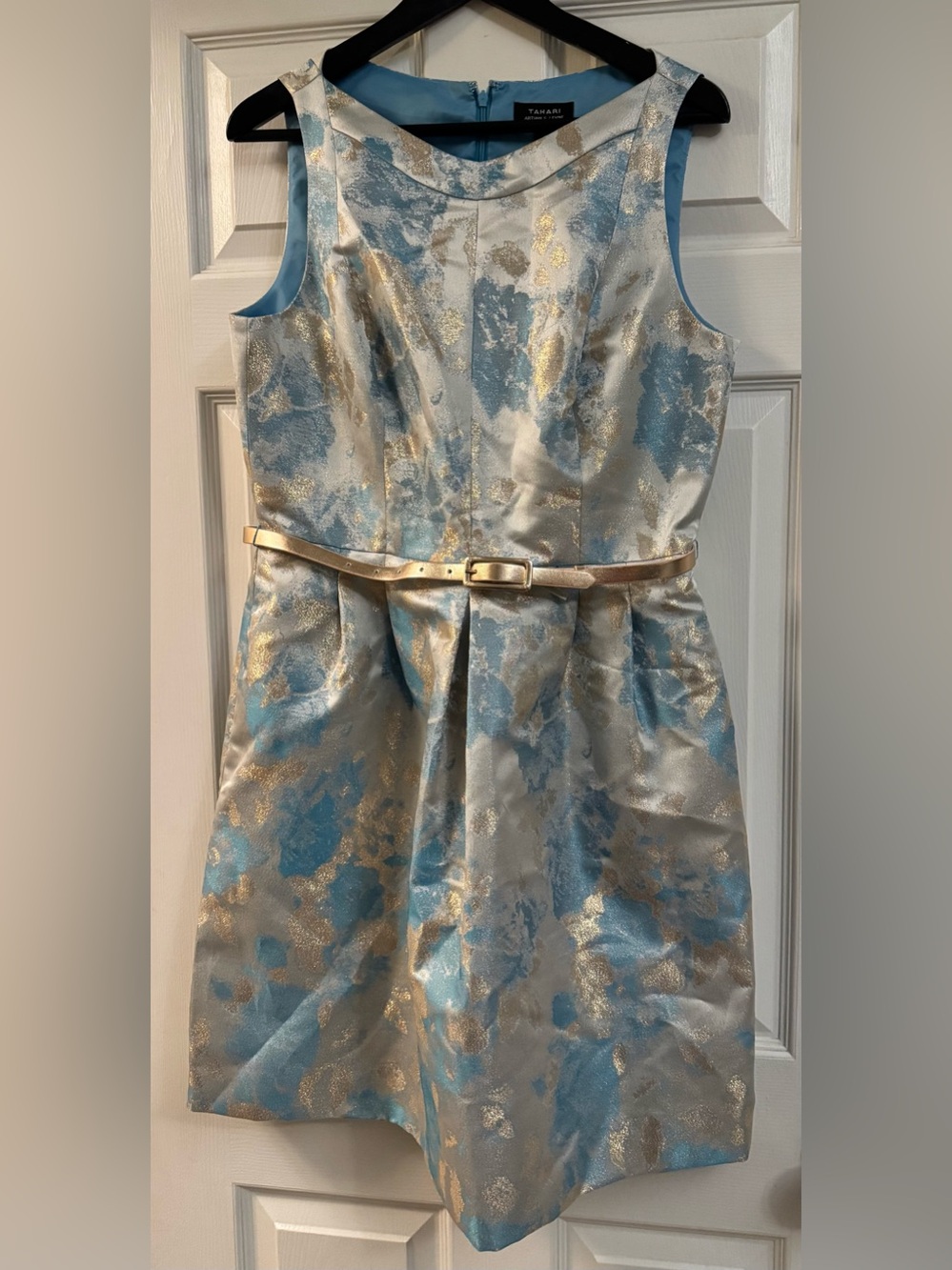 Tahari Sleeveless Blue & Gold Floral Jacquard Dress with Gold Belt